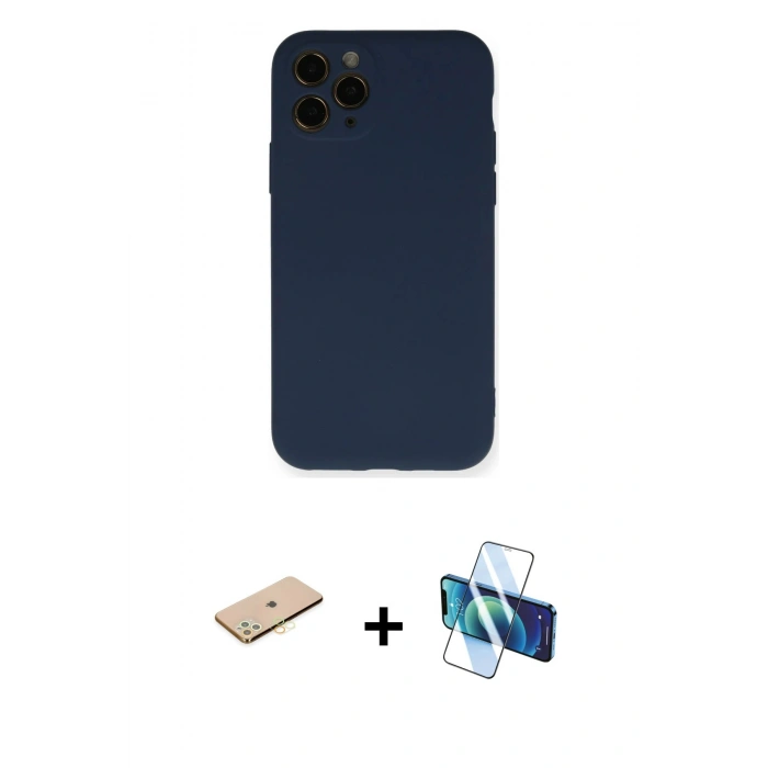 MARSİLYAN™- iPhone 11 Pro Kılıf Ahenk Serisi - Siyah 3D Antistatik Cam Ekran Koruyucu + Renkli Kamera Lens Koruma Cam - PE