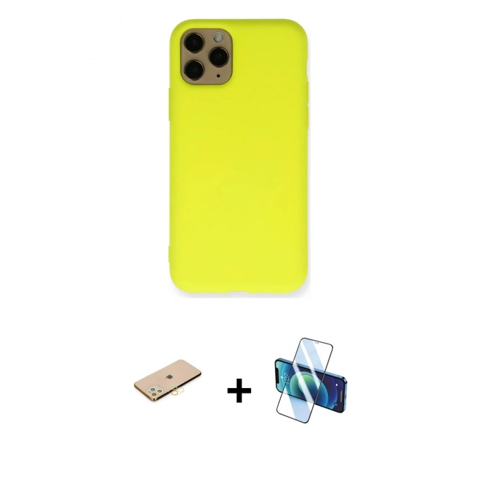 MARSİLYAN™- iPhone 11 Pro Kılıf Ahenk Serisi - Siyah 3D Antistatik Cam Ekran Koruyucu + Renkli Kamera Lens Koruma Cam - PE