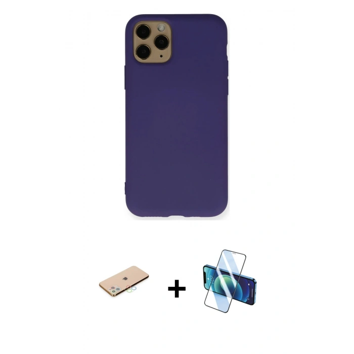 MARSİLYAN™- iPhone 11 Pro Kılıf Ahenk Serisi - Siyah 3D Antistatik Cam Ekran Koruyucu + Renkli Kamera Lens Koruma Cam - MI