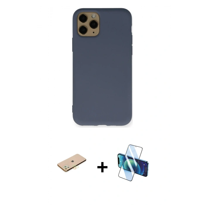 MARSİLYAN™- iPhone 11 Pro Kılıf Ahenk Serisi - Siyah 3D Antistatik Cam Ekran Koruyucu + Renkli Kamera Lens Koruma Cam - PE