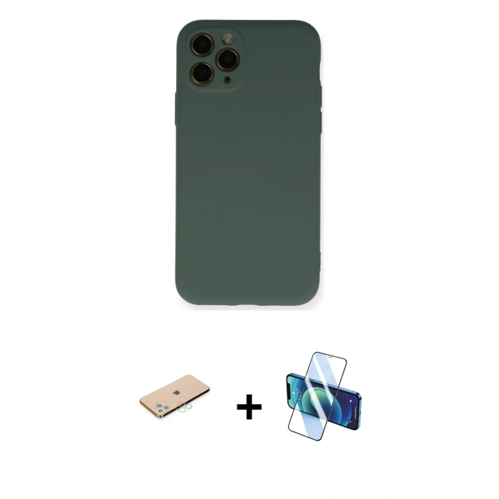 MARSİLYAN™- iPhone 11 Pro Kılıf Ahenk Serisi - Siyah 3D Antistatik Cam Ekran Koruyucu + Renkli Kamera Lens Koruma Cam - MI