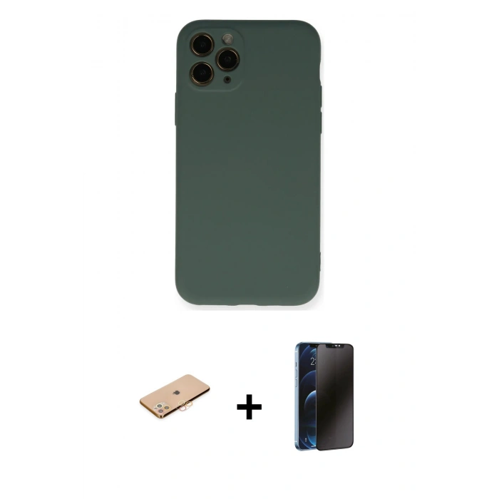 MARSİLYAN™- iPhone 11 Pro Kılıf Ahenk Serisi - Siyah 3D Antistatik Hayalet Cam Ekran Koruyucu + Renkli Kamera Lens Koruma Cam - TU