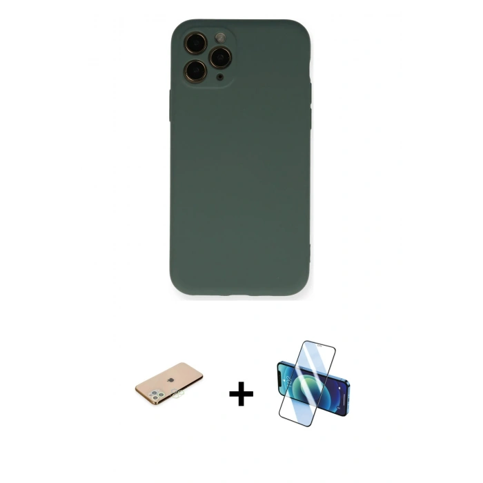 MARSİLYAN™- iPhone 11 Pro Kılıf Ahenk Serisi - Siyah 3D Antistatik Seramik Nano Ekran Koruyucu + Renkli Kamera Lens Koruma Cam - YL