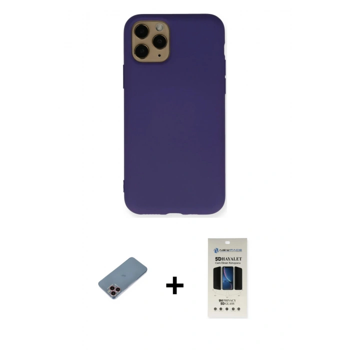 MARSİLYAN™- iPhone 11 Pro Kılıf Ahenk Serisi - Siyah 5D Hayalet Cam Ekran Koruyucu + Shine Kamera Lens Koruma Cam - PE
