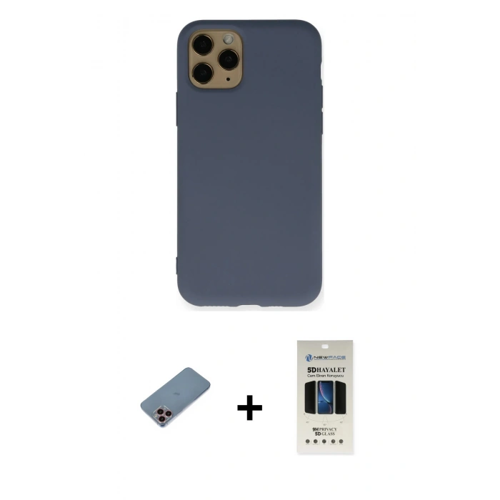 MARSİLYAN™- iPhone 11 Pro Kılıf Ahenk Serisi - Siyah 5D Hayalet Cam Ekran Koruyucu + Shine Kamera Lens Koruma Cam - PE