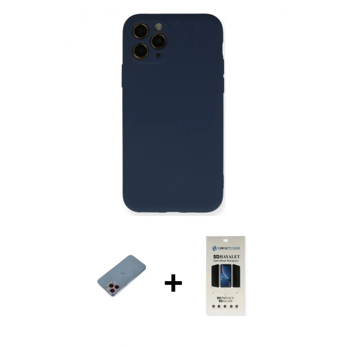 MARSİLYAN™- iPhone 11 Pro Kılıf Ahenk Serisi - Siyah 5D Hayalet Cam Ekran Koruyucu + Shine Kamera Lens Koruma Cam - PE