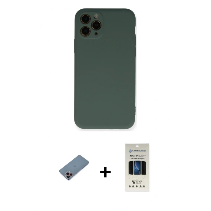 MARSİLYAN™- iPhone 11 Pro Kılıf Ahenk Serisi - Siyah 5D Hayalet Cam Ekran Koruyucu + Shine Kamera Lens Koruma Cam - PE