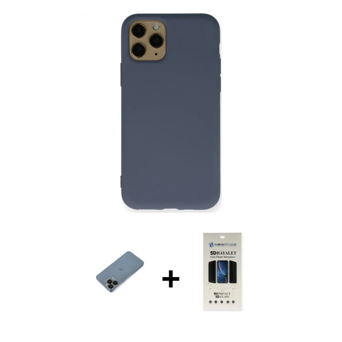 MARSİLYAN™- iPhone 11 Pro Kılıf Ahenk Serisi - Siyah 5D Hayalet Cam Ekran Koruyucu + Shine Kamera Lens Koruma Cam - SH