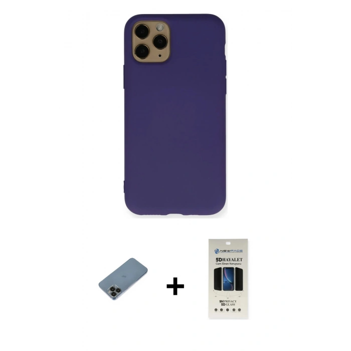 MARSİLYAN™- iPhone 11 Pro Kılıf Ahenk Serisi - Siyah 5D Hayalet Cam Ekran Koruyucu + Shine Kamera Lens Koruma Cam - SH