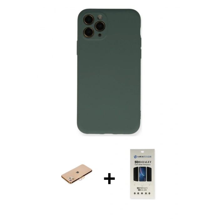 MARSİLYAN™- iPhone 11 Pro Kılıf Ahenk Serisi - Siyah 5D Hayalet Cam Ekran Koruyucu + Renkli Kamera Lens Koruma Cam - TU
