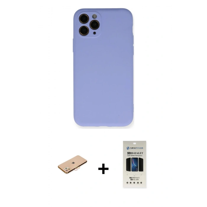 MARSİLYAN™- iPhone 11 Pro Kılıf Ahenk Serisi - Siyah 5D Hayalet Cam Ekran Koruyucu + Renkli Kamera Lens Koruma Cam - TU