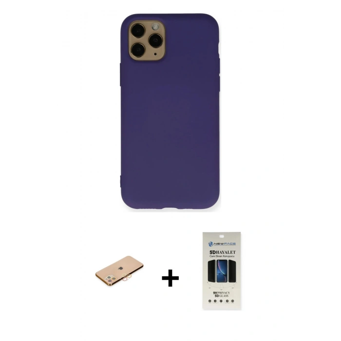 MARSİLYAN™- iPhone 11 Pro Kılıf Ahenk Serisi - Siyah 5D Hayalet Cam Ekran Koruyucu + Renkli Kamera Lens Koruma Cam - TU