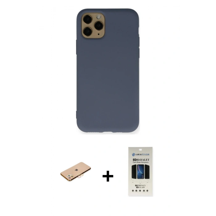 MARSİLYAN™- iPhone 11 Pro Kılıf Ahenk Serisi - Siyah 5D Hayalet Cam Ekran Koruyucu + Renkli Kamera Lens Koruma Cam - TU
