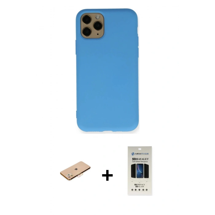 MARSİLYAN™- iPhone 11 Pro Kılıf Ahenk Serisi - Siyah 5D Hayalet Cam Ekran Koruyucu + Renkli Kamera Lens Koruma Cam - TU