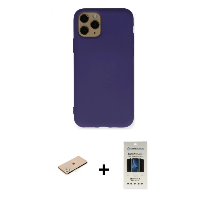 MARSİLYAN™- iPhone 11 Pro Kılıf Ahenk Serisi - Siyah 5D Hayalet Cam Ekran Koruyucu + Renkli Kamera Lens Koruma Cam - YL