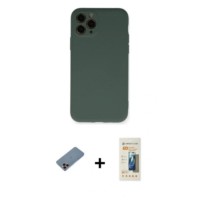 MARSİLYAN™- iPhone 11 Pro Kılıf Ahenk Serisi - Siyah 6D Mat Seramik Hayalet Nano Ekran Koruyucu + Shine Kamera Lens Koruma Cam - PE