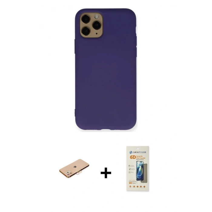 MARSİLYAN™- iPhone 11 Pro Kılıf Ahenk Serisi - Siyah 6D Mat Seramik Hayalet Nano Ekran Koruyucu + Renkli Kamera Lens Koruma Cam - TU