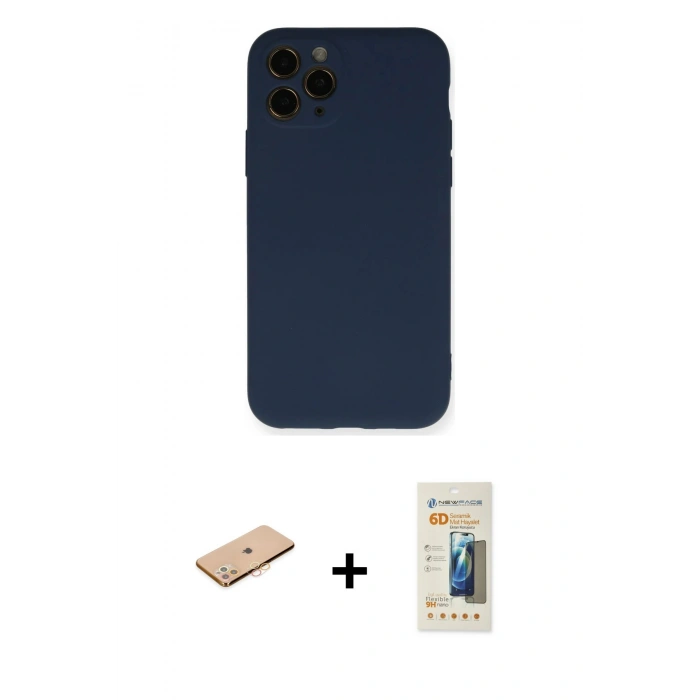 MARSİLYAN™- iPhone 11 Pro Kılıf Ahenk Serisi - Siyah 6D Mat Seramik Hayalet Nano Ekran Koruyucu + Renkli Kamera Lens Koruma Cam - TU