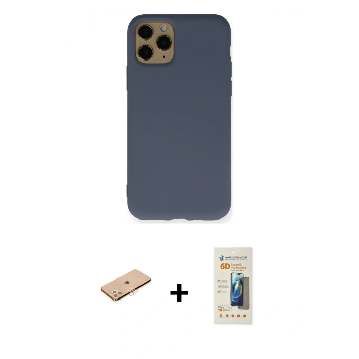 MARSİLYAN™- iPhone 11 Pro Kılıf Ahenk Serisi - Siyah 6D Mat Seramik Hayalet Nano Ekran Koruyucu + Renkli Kamera Lens Koruma Cam - TU