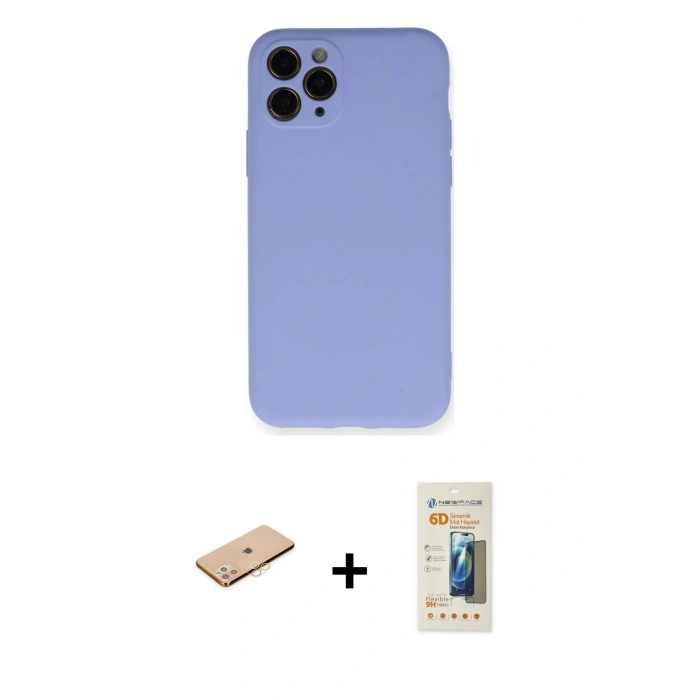 MARSİLYAN™- iPhone 11 Pro Kılıf Ahenk Serisi - Siyah 6D Mat Seramik Hayalet Nano Ekran Koruyucu + Renkli Kamera Lens Koruma Cam - TU