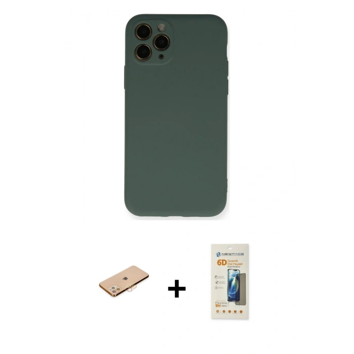 MARSİLYAN™- iPhone 11 Pro Kılıf Ahenk Serisi - Siyah 6D Mat Seramik Hayalet Nano Ekran Koruyucu + Renkli Kamera Lens Koruma Cam - TU