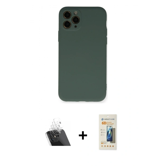MARSİLYAN™- iPhone 11 Pro Kılıf Ahenk Serisi - Siyah 6D Mat Seramik Hayalet Nano Ekran Koruyucu + Şeffaf Kamera Lens Koruma Cam