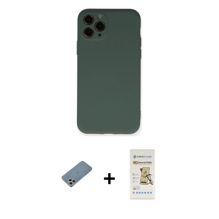 MARSİLYAN™- iPhone 11 Pro Kılıf Ahenk Serisi - Siyah Mat Seramik Nano Ekran Koruyucu + Shine Kamera Lens Koruma Cam - GS
