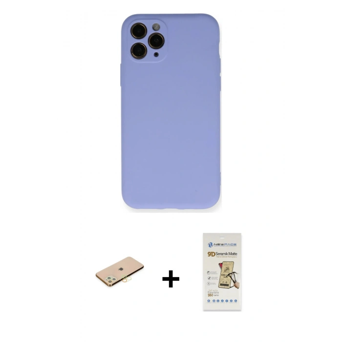 MARSİLYAN™- iPhone 11 Pro Kılıf Ahenk Serisi - Siyah Mat Seramik Nano Ekran Koruyucu + Renkli Kamera Lens Koruma Cam - SI