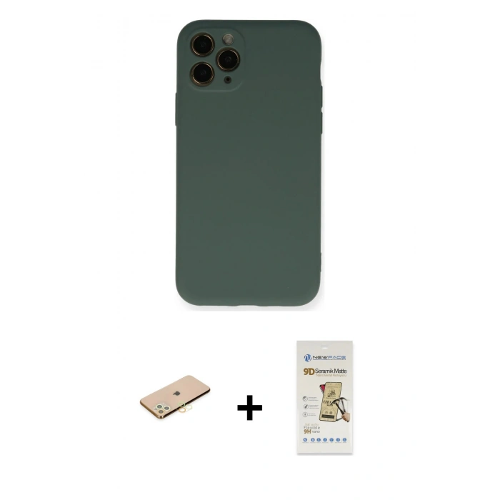 MARSİLYAN™- iPhone 11 Pro Kılıf Ahenk Serisi - Siyah Mat Seramik Nano Ekran Koruyucu + Renkli Kamera Lens Koruma Cam - PE