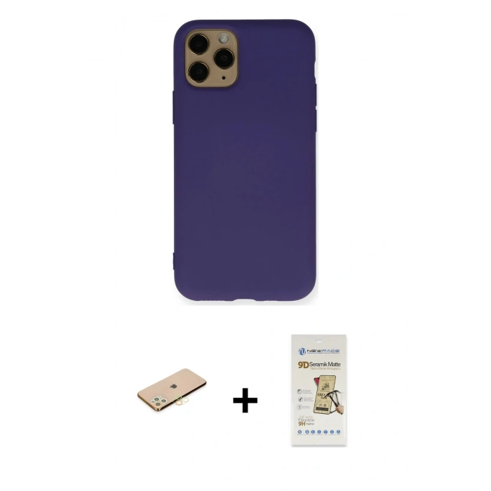 MARSİLYAN™- iPhone 11 Pro Kılıf Ahenk Serisi - Siyah Mat Seramik Nano Ekran Koruyucu + Renkli Kamera Lens Koruma Cam - PE