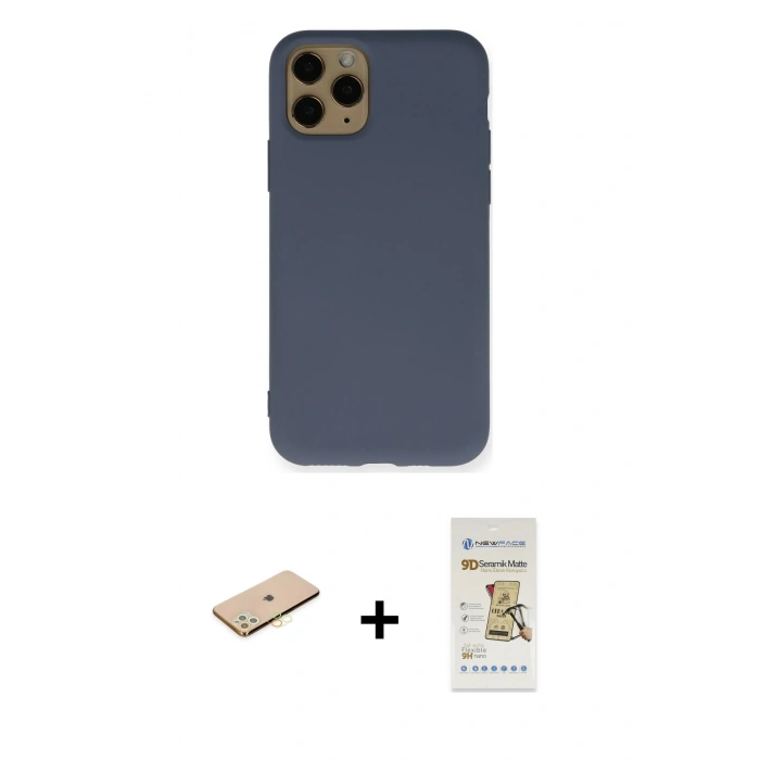 MARSİLYAN™- iPhone 11 Pro Kılıf Ahenk Serisi - Siyah Mat Seramik Nano Ekran Koruyucu + Renkli Kamera Lens Koruma Cam - SI