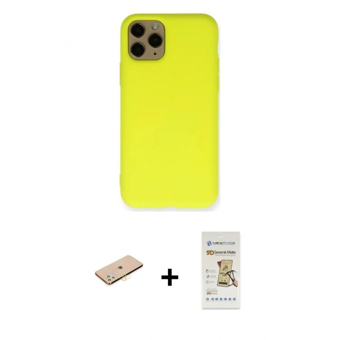 MARSİLYAN™- iPhone 11 Pro Kılıf Ahenk Serisi - Siyah Mat Seramik Nano Ekran Koruyucu + Renkli Kamera Lens Koruma Cam - PE