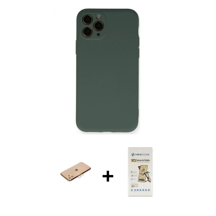 MARSİLYAN™- iPhone 11 Pro Kılıf Ahenk Serisi - Siyah Mat Seramik Nano Ekran Koruyucu + Renkli Kamera Lens Koruma Cam - TU