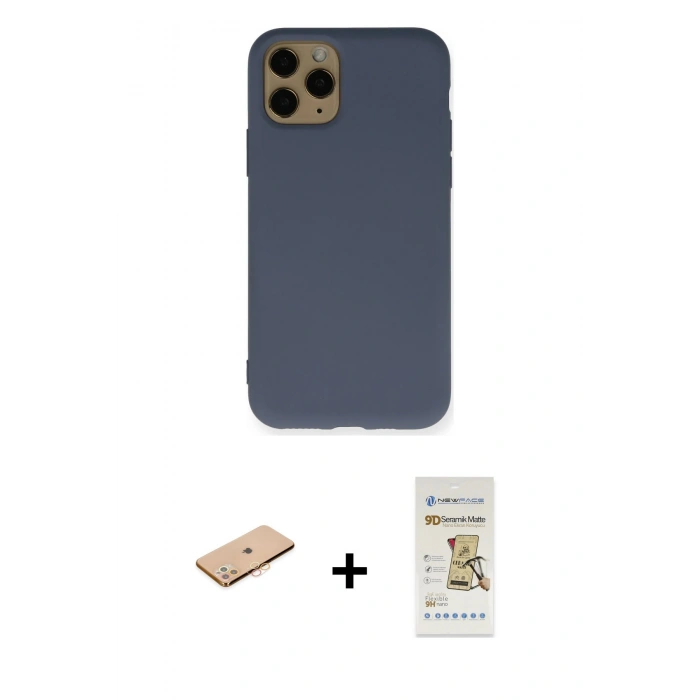 MARSİLYAN™- iPhone 11 Pro Kılıf Ahenk Serisi - Siyah Mat Seramik Nano Ekran Koruyucu + Renkli Kamera Lens Koruma Cam - TU