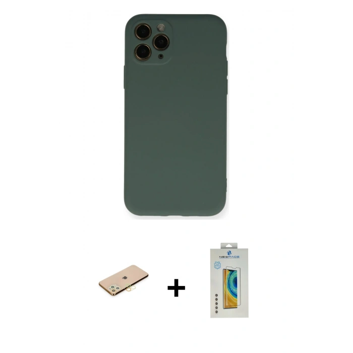 MARSİLYAN™- iPhone 11 Pro Kılıf Ahenk Serisi - Siyah Polymer Nano Ekran Koruyucu + Renkli Kamera Lens Koruma Cam - SI