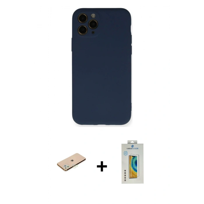 MARSİLYAN™- iPhone 11 Pro Kılıf Ahenk Serisi - Siyah Polymer Nano Ekran Koruyucu + Yeşil Renkli Kamera Lens Koruma Cam