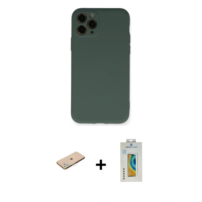 MARSİLYAN™- iPhone 11 Pro Kılıf Ahenk Serisi - Siyah Polymer Nano Ekran Koruyucu + Yeşil Renkli Kamera Lens Koruma Cam