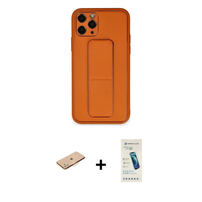 MARSİLYAN™- iPhone 11 Pro Kılıf Akış Doku - Şeffaf Pasifik Cam Ekran Koruyucu + Turuncu Renkli Kamera Lens Koruma Cam