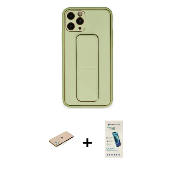 MARSİLYAN™- iPhone 11 Pro Kılıf Akış Doku - Şeffaf Pasifik Cam Ekran Koruyucu + Yeşil Renkli Kamera Lens Koruma Cam