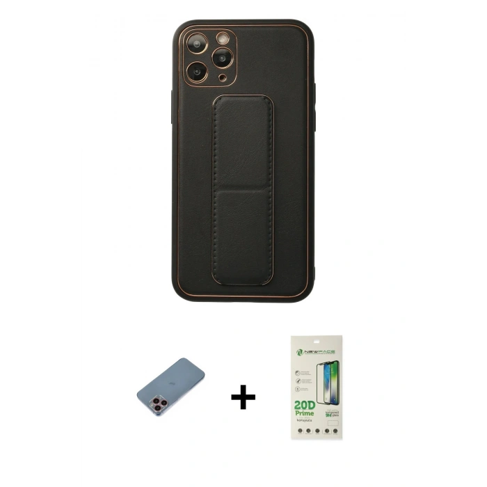 MARSİLYAN™- iPhone 11 Pro Kılıf Akış Doku - Siyah 20D Premium Cam Ekran Koruyucu + Shine Kamera Lens Koruma Cam - PE