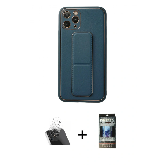 MARSİLYAN™- iPhone 11 Pro Kılıf Akış Doku - Siyah 34D Hayalet Izgaralı Cam + Kamera Lens Koruma Cam - SF