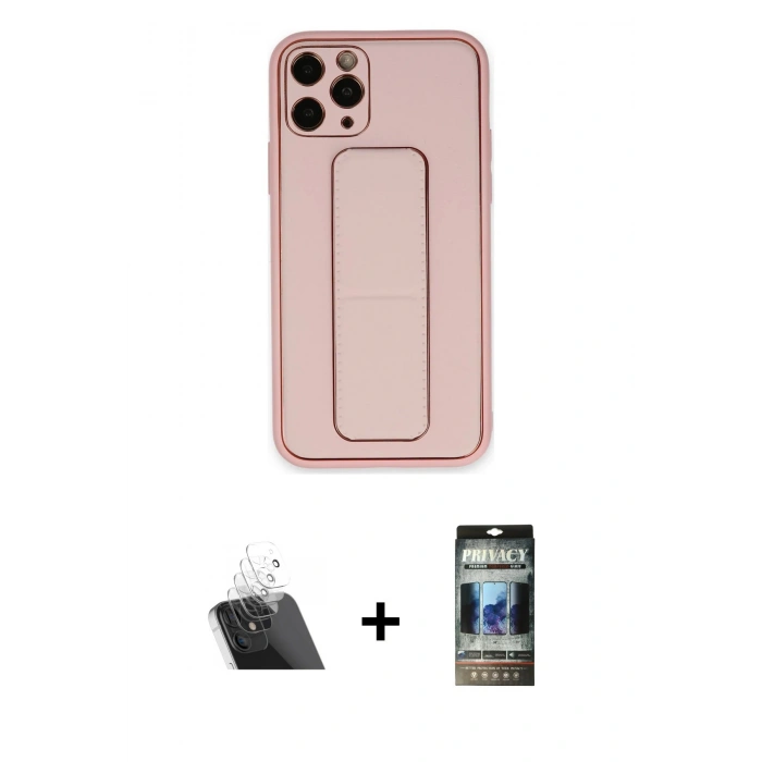 MARSİLYAN™- iPhone 11 Pro Kılıf Akış Doku - Siyah 34D Hayalet Izgaralı Cam + Kamera Lens Koruma Cam - SF