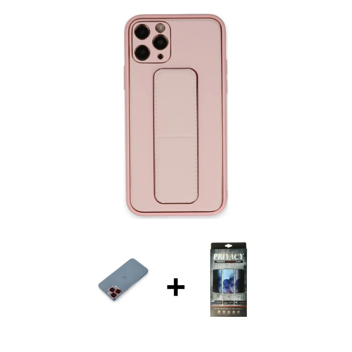 MARSİLYAN™- iPhone 11 Pro Kılıf Akış Doku - Siyah 34D Hayalet Izgaralı Cam + Metal Kamera Lens Koruma Cam - KI