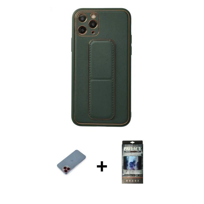 MARSİLYAN™- iPhone 11 Pro Kılıf Akış Doku - Siyah 34D Hayalet Izgaralı Cam + Metal Kamera Lens Koruma Cam - KI