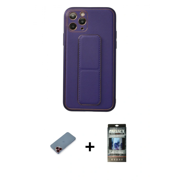 MARSİLYAN™- iPhone 11 Pro Kılıf Akış Doku - Siyah 34D Hayalet Izgaralı Cam + Metal Kamera Lens Koruma Cam - KI
