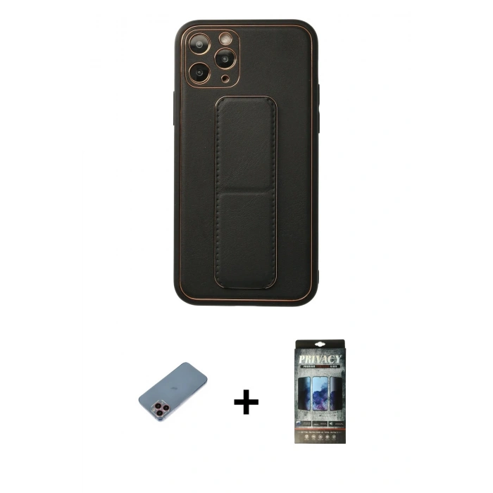 MARSİLYAN™- iPhone 11 Pro Kılıf Akış Doku - Siyah 34D Hayalet Izgaralı Cam + Shine Kamera Lens Koruma Cam - PE
