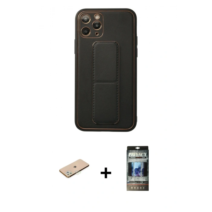 MARSİLYAN™- iPhone 11 Pro Kılıf Akış Doku - Siyah 34D Hayalet Izgaralı Cam + Renkli Kamera Lens Koruma Cam - YL
