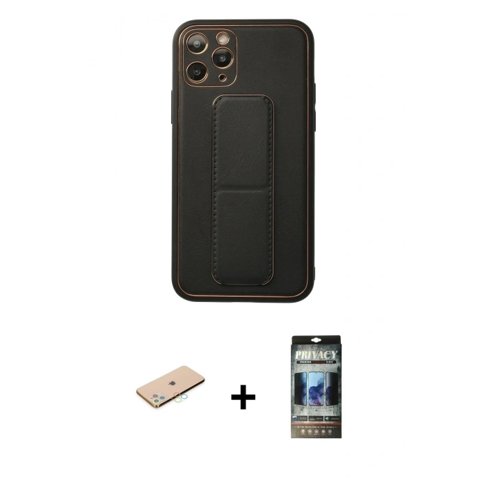 MARSİLYAN™- iPhone 11 Pro Kılıf Akış Doku - Siyah 34D Hayalet Izgaralı Cam + Renkli Kamera Lens Koruma Cam - MI