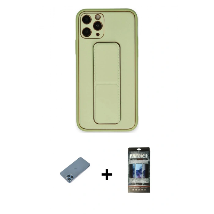 MARSİLYAN™- iPhone 11 Pro Kılıf Akış Doku - Siyah 34D Hayalet Izgaralı Cam + Shine Kamera Lens Koruma Cam - MI