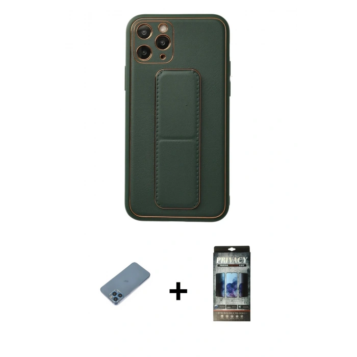 MARSİLYAN™- iPhone 11 Pro Kılıf Akış Doku - Siyah 34D Hayalet Izgaralı Cam + Shine Kamera Lens Koruma Cam - MI